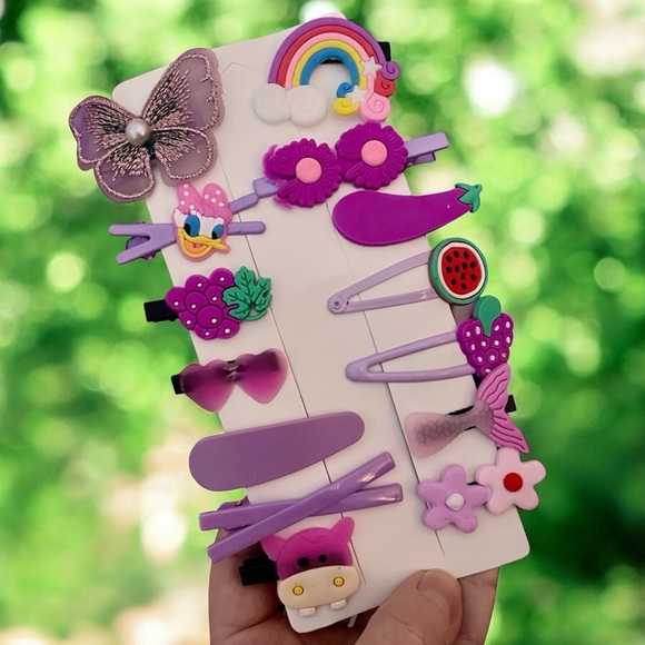 Girls Cute Purple Barrettes Hair Clips 14-Piece Set NEW - Picture 1 of 1